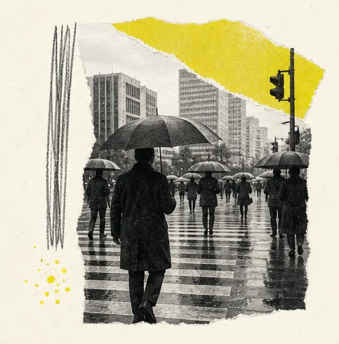 雨中街口与行人拼贴